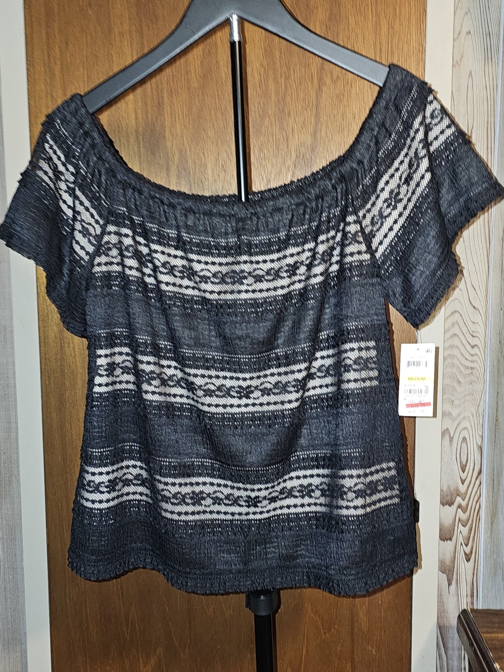 INC International Concepts Black and Cream Off-Shoulder Patterned Top